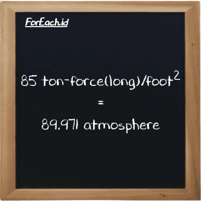 85 ton-force(long)/foot<sup>2</sup> is equivalent to 89.971 atmosphere (85 LT f/ft<sup>2</sup> is equivalent to 89.971 atm)